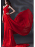 One Shoulder Red Chiffon Corset Back Minimalist Evening Dress